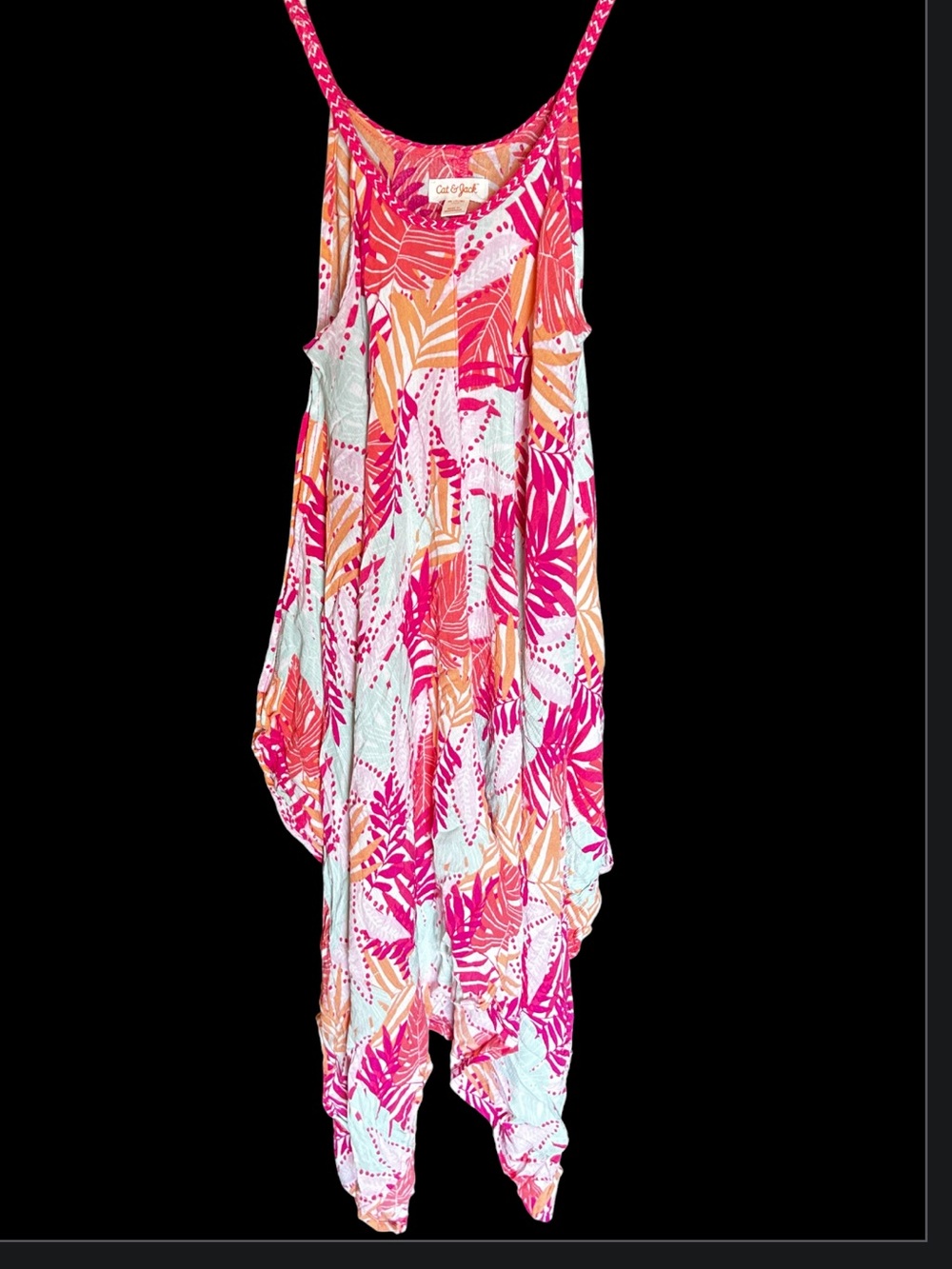 Tropical Leaf Print Sleeveless Handkerchief Hem Sundress Dress 7/8 Girls